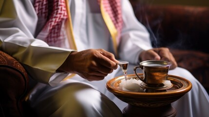 Close-up of an Arab man with a cup of coffee.