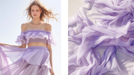 A flirty offtheshoulder top paired with a flowy midi skirt in a soft lavender hue creates a dreamy and feminine look. - obrazy, fototapety, plakaty
