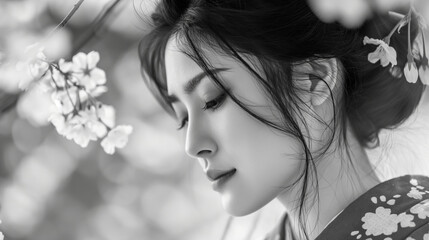 A monochrome image of a woman in a thoughtful pose with cherry blossoms framing her face.
