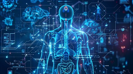 Futuristic medical illustration of human skeleton in blue background with hud elements. modern technology medical concept