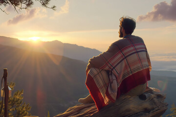 Man wrapped in blanket watching sunrise over mountainous landscape at dawn. View from the back