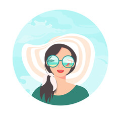 Summer Portrait of  Young woman with sunglasses and in hat. Suitable for printing on t-shirts, posters, cards, labels, mugs and other gifts. Vector