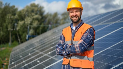 A happy engineer stands confidently before solar panels at a renewable energy power plant.