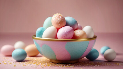 Easter candy. Multicolored sugar coated eggs filled with sugar syrup various flavors.