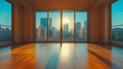 Obraz premium Room, interior and windows with an empty space in a modern home or office during summer. Business, home and wood floors in a luxury apartment for design, architecture or simplicity with views