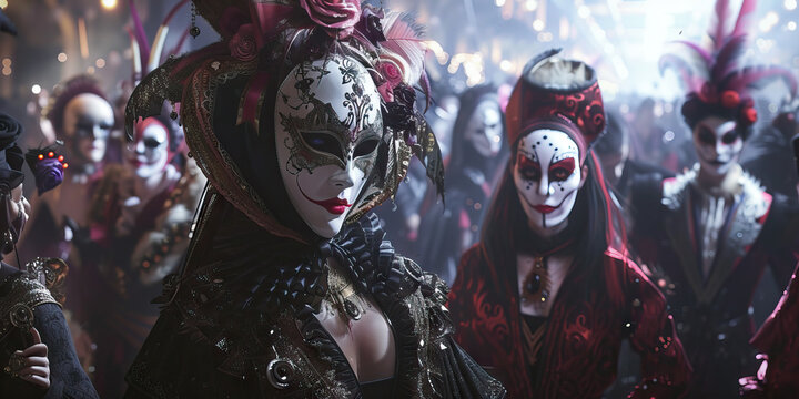 Macabre Masquerade: A Masked Ball with Sinister Revelers in Elaborate Costumes