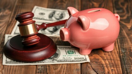 Piggy bank with judge gavel and money on brown wooden background. Concept of bankruptcy - obrazy, fototapety, plakaty