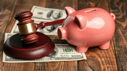 Fotobehang Piggy bank with judge gavel and money on brown wooden background. Concept of bankruptcy © buraratn
