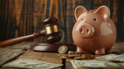 Piggy bank with judge gavel and money on brown wooden background. Concept of bankruptcy - obrazy, fototapety, plakaty