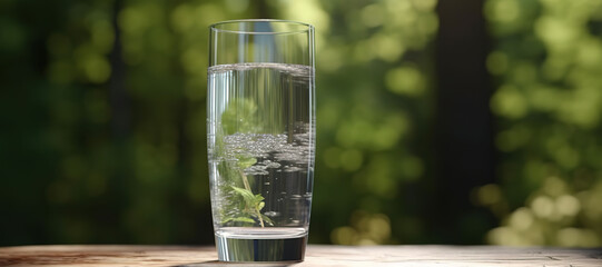 fresh clear mineral water in a glass with forest background 124