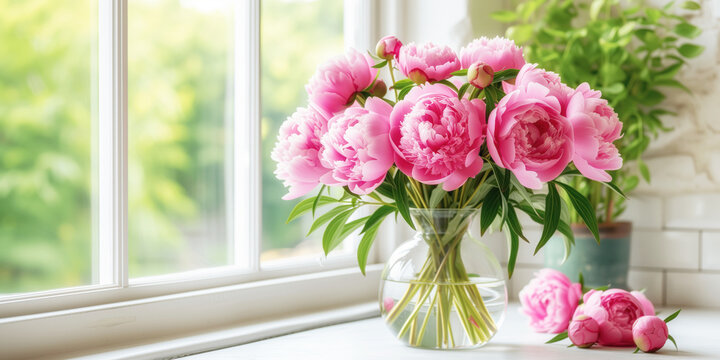 A bouquet of pink peonies in a glass vase on a windowsill with copy space.