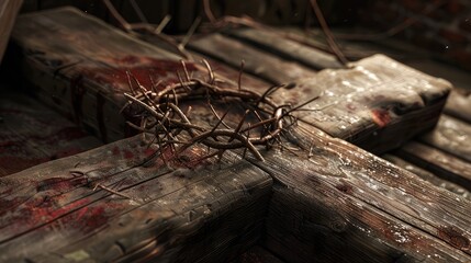 wooden cross and crown of thorns - obrazy, fototapety, plakaty