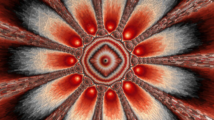 bright red floral fantasy pattern petal pattern around central motif