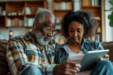 An older couple intently using a tablet, potentially for social media, reading news, or video calling, signifying the digital inclusion of the elderly. - obrazy, fototapety, plakaty
