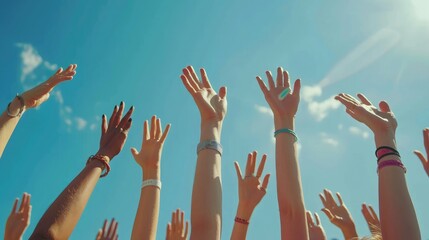 Close up many female hands raised up against blue sky. Friendly team. Gestures, symbols and signs. Participation in public vote. Swing arms to beat of music in dance. Sunny summer outdoor nature.