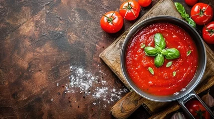 Fotobehang Classic homemade Italian tomato sauce with basil for pasta and pizza in the pan on a wooden chopping board on brown background, top view. © buraratn