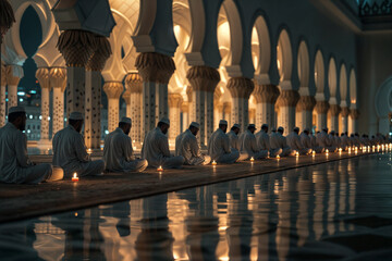 Devotees engaged in prayer at a mosque, illuminated by gentle evening light