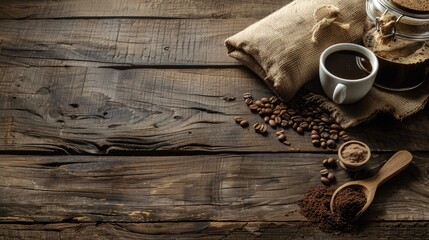 Cup of coffee, bag and scoop on old wooden background