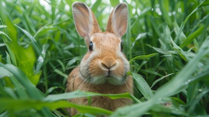 Fototapeta premium Vigilant rabbit peeks through vibrant green leaves, blending into nature's backdrop.