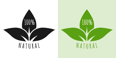 Natural icon or logo with leaf. 100% organic, bio, eco product. Green label with leaves. Vector illustration. - obrazy, fototapety, plakaty