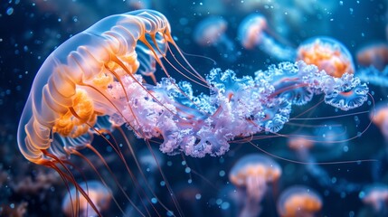 Luminous jellyfish floating elegantly in the dark depths of the ocean, with a mystical glow. - obrazy, fototapety, plakaty