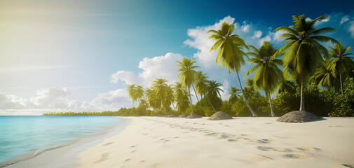 a serene beach with clear blue waters, white sands, green palm trees, and a bright sunny sky, ai generative