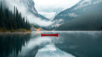 Serene Alpine Lake with a Solitary Red Canoe Floating in the Calm Waters Surrounded by Misty Mountains