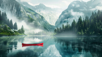 Serene Alpine Lake with a Solitary Red Canoe Floating in the Calm Waters Surrounded by Misty Mountains