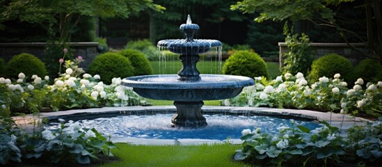A stone fountain designed to resemble an antique, with flowing blue water, set in a garden surrounded by white flowers.