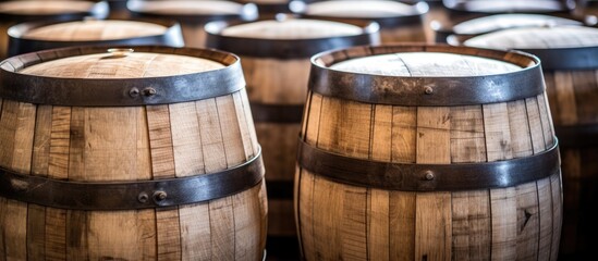 Fototapeta premium A collection of wooden barrels stacked on top of each other, used in the process of enhancing tequila maturation. The barrels are made of oak wood and play a vital role in optimizing the flavors of