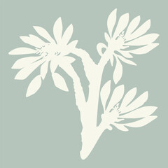 Fototapeta na wymiar Handmade linocut sprig wildflower vector motif clipart in folkart scandi style. Simple monochrome block print shapes with woodcut white chic effect.