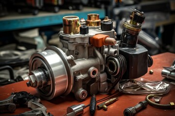 Detailed image of a starter solenoid amidst a cluttered mechanic's workspace