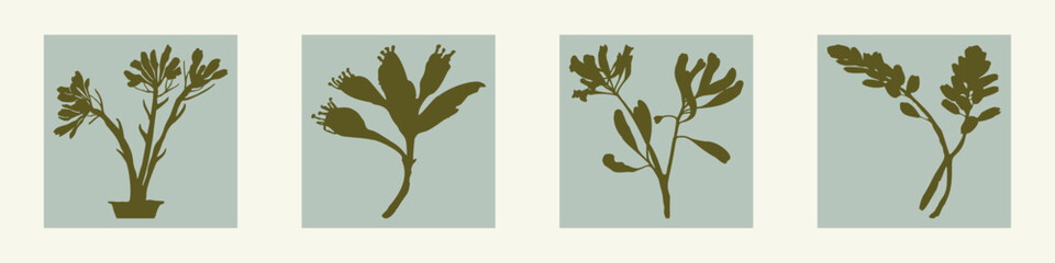 Obraz premium Handmade linocut wildflower set vector motif clipart in whimsical scandi style. Folkart simple block print sprig shapes with woodcut effect collection.