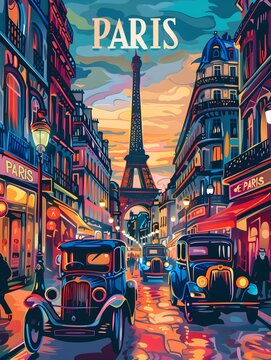 a travel poster showing a Paris street in the 1920's . The word " PARIS " is written on it . Vibrant colours , distinct framing , colorful imagery