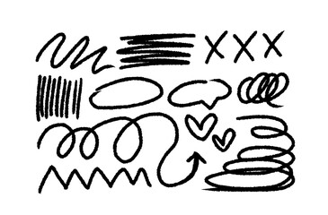 Obraz premium Charcoal graffiti doodle punk and grunge shapes collection. Hand drawn abstract scribbles and squiggles, creative various shapes, pencil drawn icons. Scribbles, scrawls, stars, heart, curly lines.