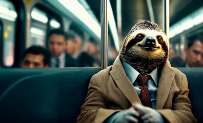 Cute sloth in a business suit sitting in a crowded subway train during rush hour.