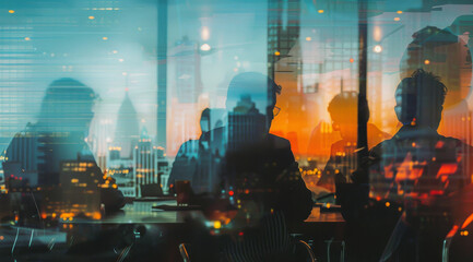 Abstract, boardroom or building background with double exposure effect for brainstorming, collaboration and business. Bokeh, lights and sunset cityscape wallpaper for corporate, marketing or teamwork - obrazy, fototapety, plakaty