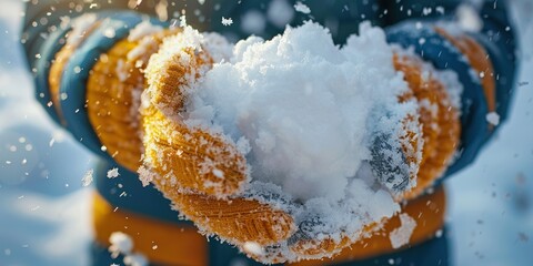 Male hands in mittens make a snowball from the snow , concept of Winter activities