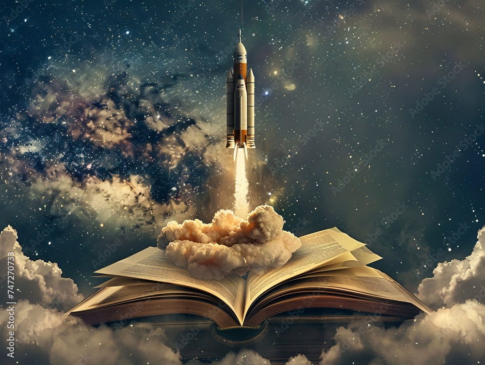 Poster launching into the future a space-themed book launch generative ai