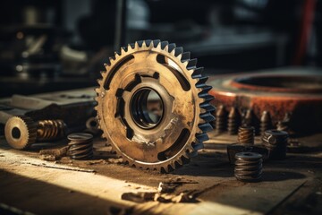 Detailed shot of a weathered sprocket wheel amidst various mechanical components on an aged wooden table in an industrial setting - obrazy, fototapety, plakaty