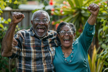 elderly diverse couple celebrate winning something together - obrazy, fototapety, plakaty