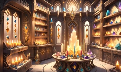 Obraz premium Mysterious alchemy room shimmering with magical gems. Amulets concept. Fairy tale background. Extra wide banner. AI illustration.