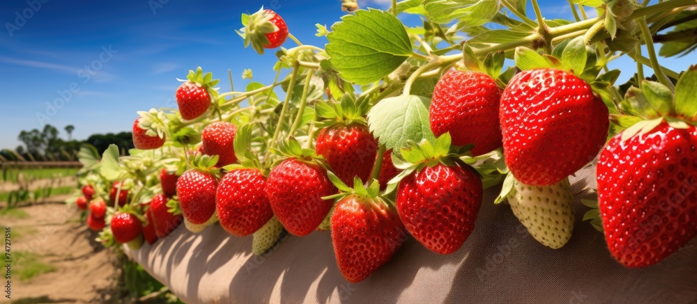 Sticker a cluster of fresh, ripe organic strawberries growing on a planter at a strawberry farm. the strawbe