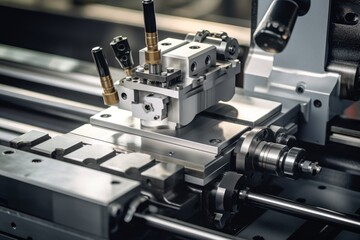 Detailed view of a milling vise on a workshop bench highlighting its sturdy build and complex mechanics - obrazy, fototapety, plakaty