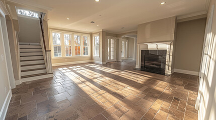 Obraz premium Room, interior and windows with an empty space in a modern home or office during summer. Business, home and tiled floors in a luxury apartment for design, architecture or simplicity with beautiful vi