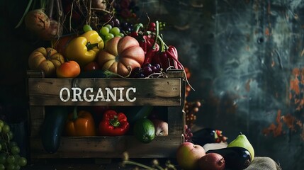 Freshly picked vegetables arranged in a rustic wooden crate with the inscription "ORGANIC" on a dark rustic backdrop. Concept: wholesome, sustainable food and natural quality of the produce.