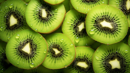 Green kiwi with small black seeds, cut into round slices