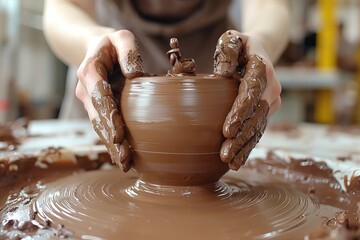 clay on potters table with hands forming clay pot professional photography