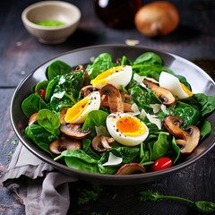 Salad with eggs and bacon. A salad with fresh spinach leaves.