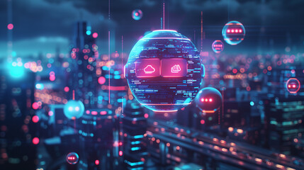 Futuristic Robot in Neon Cyberpunk of digital technology world. Future technology AI concept..